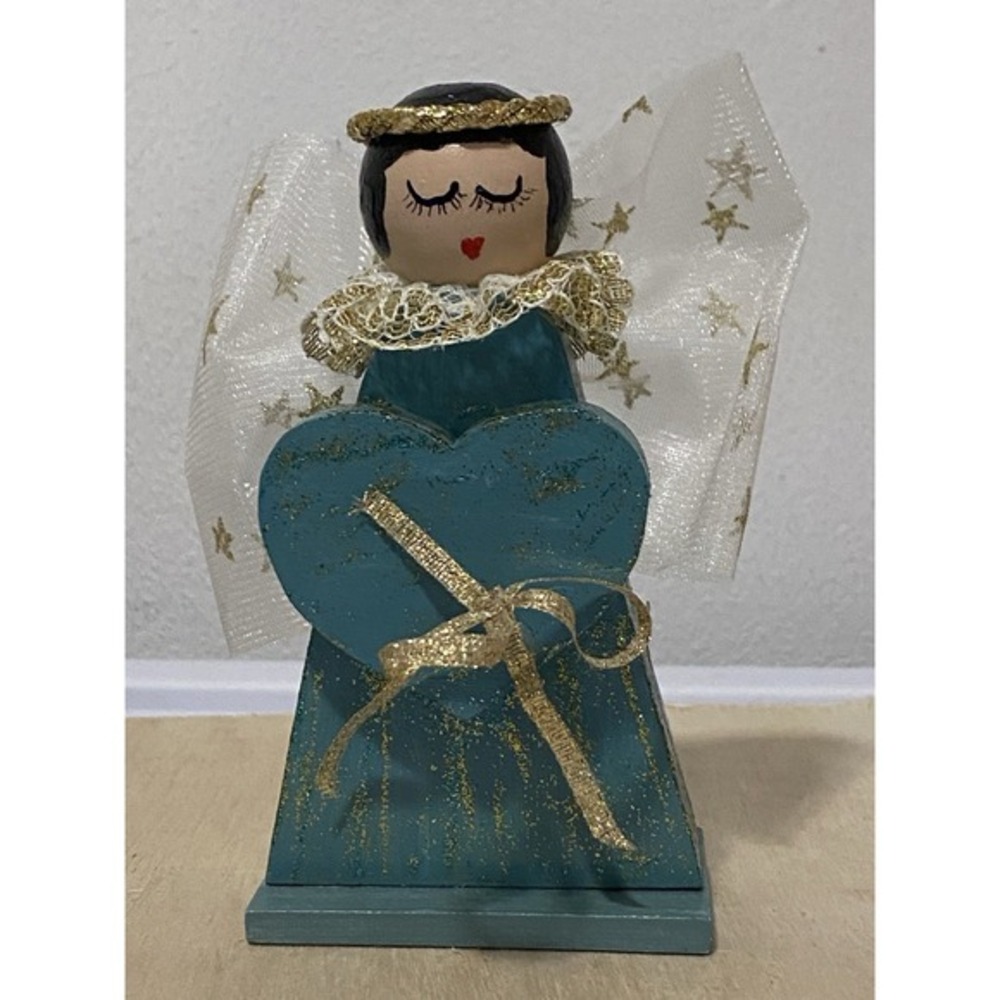 Vintage Hand Painted Wooden Angel Turquoise‎ Holding A Heart